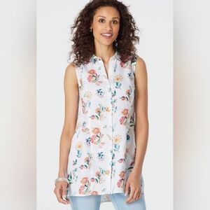 J. Jill XL Petite Very Beautiful Linen White Floral Peplum Back Tunic Top WT27